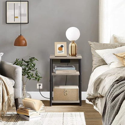 TUTOTAK End Table with Charging Station, Nightstand, 3-Tier Couch Side Table with USB Ports and Outlets, Bedside Table for Small Space, Living Room TB01BG026