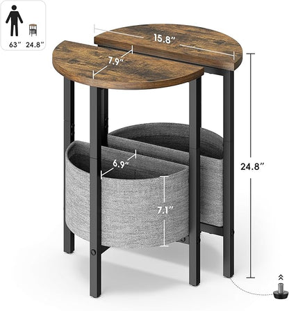 Vagusicc Small Round Side Table, Accent End Table with Storage Basket, Set of 2 Half Round Tables End Table, Coffee Bedside Table Half Moon Tables, Modern Nightstand for Living Room Bedroom, Brown