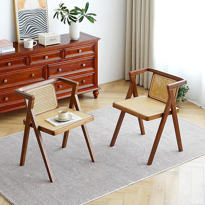 Rattan Dining Chairs Set of 2, Mid-Century Accent Armchair, Wicker Chair, Outdoor Bamboo Chair for Dining Room, Living Room, Bedroom, Kitchen, Walnut
