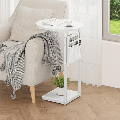 Vagusicc C Shaped End Table, Adjustable Height Small Side Table for Couch and Recliner, 32" Tall Couch Side Table Slide Under Sofa Tray Desk with Storage Bag for Living Room and Bedroom, White