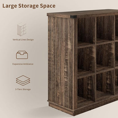 GarveeHome 9 Cube Storage Organizer Bookshelf, 4 Tier Farmhouse Horizontal Bookcase, 37.4 Inch Wood Storage Bookcase for Entryway, Long Low Bookshelves for Living Room-Black Oak