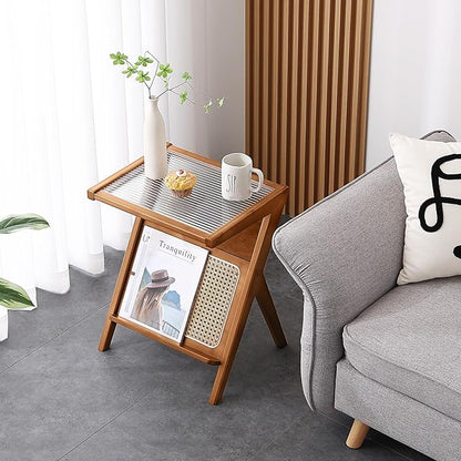 Tiita Rattan Nightstand Side Table, Bamboo Accent Bedside Tables, Glass Coffee Tables, Boho Wooden End Table with Storage for Small Space, Living Room and Bedroom