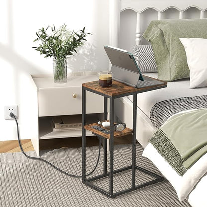 Yoobure C Shaped End Table with Charging Station, Small Side Table for Sofa，26" Tall Tv Tray Couch Table with Storage,Bedside Table with USB Ports and Outlets for Living Room, Bedroom, Rustic Brown