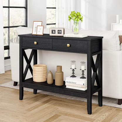Console Table,Sofa Table 13.8" D x 39.37" W x 31.5" HEntryway Table with 2 Drawers Storage Shelve Foyer Table for Entryway Farmhouse Hallway Tables (Black)