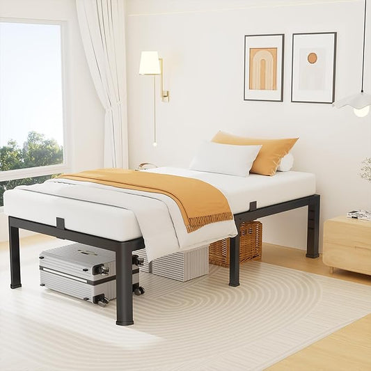 16 Inch Twin Size Metal Platform Bed Frame with Round Corners, Storage Space Under High Bed Frame-Heavy Duty Steel Slats Support, Noise Free - Easy Assembly - No Box Spring Needed