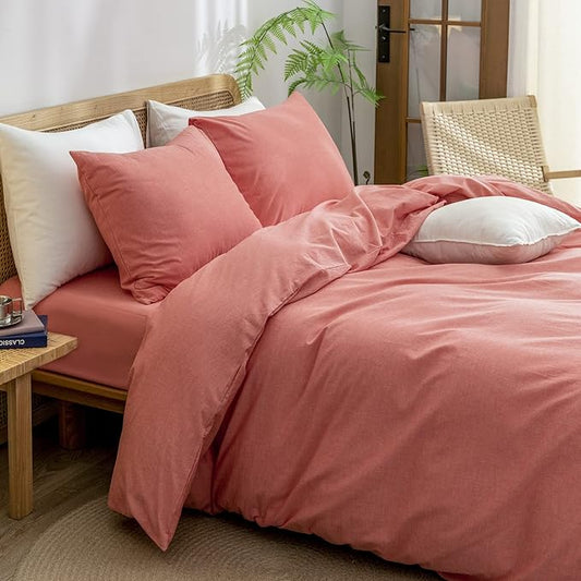BESTOUCH Duvet Cover Set 100% Washed Cotton Linen Feel Super Soft Comfortable Chic Lightweight 2 PCs Home Bedding Set Solid Orange Twin/Twin XL