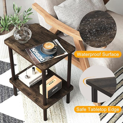 Apicizon 2 Tier End Table Set of 2, Small Side Table with Solid Wood Legs, Boho Bedside Table with Storage Shelf, Nightstand for Small Spaces, Bedroom, Living Room, Entryway, Rustic Oak