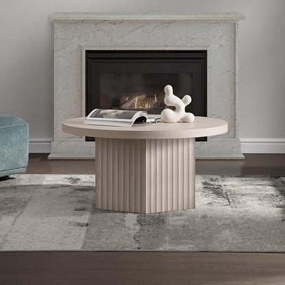SICOTAS Round Coffee Table for Living Room, 32" Circle Modern Fluted Center Coffee Table with Storage, Mid Century Accent Tea Dining Table for Small Space, Apartment, White Alder