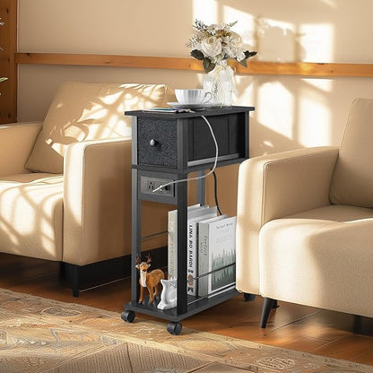 Side Table with Charging Station and Drawer, Narrow End Table with USB Ports and Outlets for Small Space, Living Room, Bedroom and Office, with 4 Wheels (1, Black)