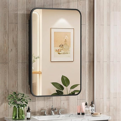 16x24 Inch Black Mirror Medicine Cabinet Metal Framed Recessed Wall Mounted Bathroom Medicine Cabinet with Mirror and Storage
