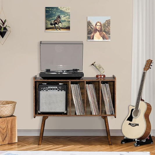 Lerliuo Record Player Stand with 4 Cabinet Holds Up to 220 Albums, Large Turntable Stand with Beech Wood Legs, Mid-Century Record Player Table,Retro Brown Vinyl Holder Storage for Bedroom Living Room