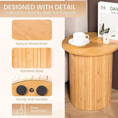 Handcrafted Round Fluted Pedestal End Table with Natural Wood Grain & Bamboo Base – Round Side Table, Coffee Table, Drink Table, Bedside Table for Bedroom, Living Room - 15.7” x 17.8” x 12”