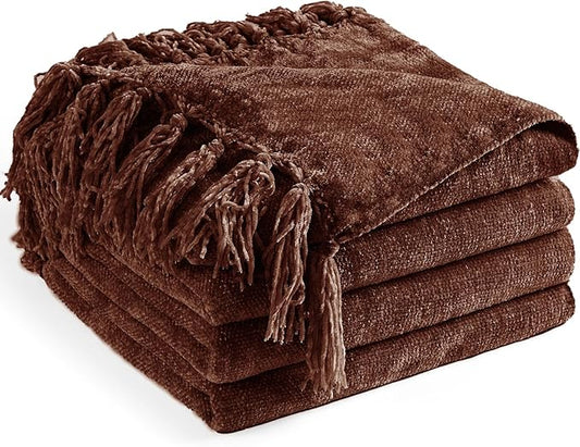Chenille Throw Blanket for Couch 50"X 60", Soft Cozy Throws with Fringe Tassel for Bed Sofa Chair Cover, Lightweight Knitted Decorative Boho Blankets for Living Room, Dark Brown