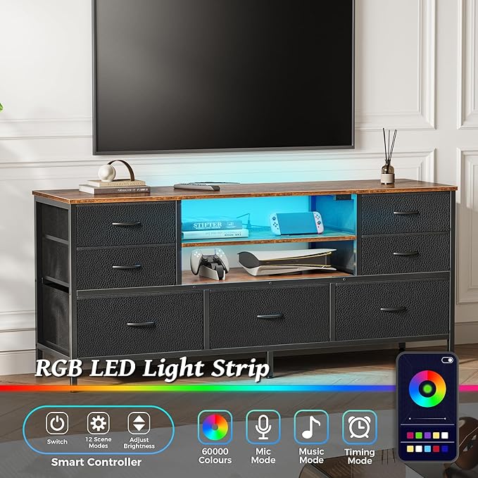Huuger TV Stand Dresser with Power Outlets and LED Lights, 7 Drawers, 47 Inch Console, Rustic Brown and Black