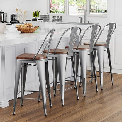 Yongqiang 30 inch Bar Stools Set of 4 Farmhouse Bar Height Stools High Back Kitchen Bar Chairs Silver Metal Barstools with Wooden Seat…