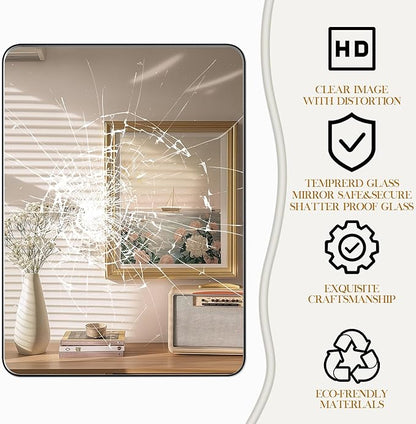 55×30 Black Bathroom Mirror, Rectangular Bathroom Vanity Mirror for Wall with Rounded Corners & Aluminum Alloy Frame, Tempered-Glass, Modern, Farmhouse, Horizontal/Vertical, Entryway, Bedroom