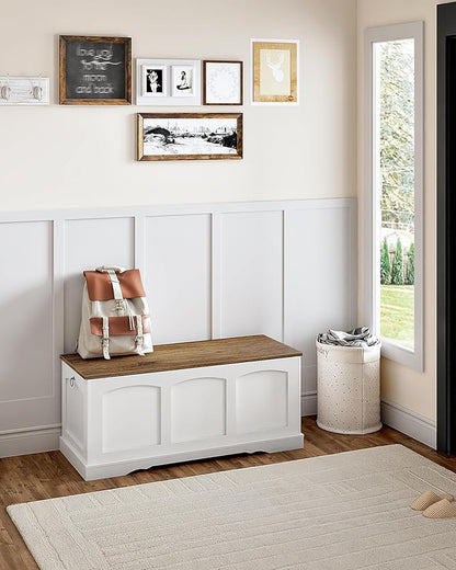 39.4" Storage Chest Bench with Lift Lid, Toy Chest with Safety Hinge, Entryway Shoe Bench, Wooden Storage Trunk, Holds up to 220 lb, for Living Room, Bedroom, Hall, White and Walnut MCW12WL