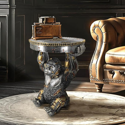 Steampunk Gorilla Side Table Pedestal End Table Stool Resin Cyborg Monkey Sci-fi Statue Sculpture Hand Painted Collectible Figurine with Cool Gear for Home Man Cave Decor Silver