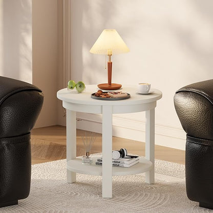Small Round Wood Coffee Table with Storage Shelf, Living Room Side Table for Couch Sofa, 22 x 20 Inches, 4-Tier Mid Century Modern Wooden End Table for Bedroom, White