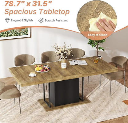 63"-78.7" Expandable Dining Tables, 6-10 Farmhouse Kitchen Table, Extendable Dining Room Table, Rectangular Thick Top with Metal Track, Central Column Base for Living Room, Office-Brown