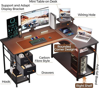 GTPLAYER L Shaped Desk with Drawers, Carbon Fiber Style Computer Desk with Monitor Shelf, Black Small L Shape Desk with Adjustable Open Storage Shelf, Corner PC Table for Small Space Home Office