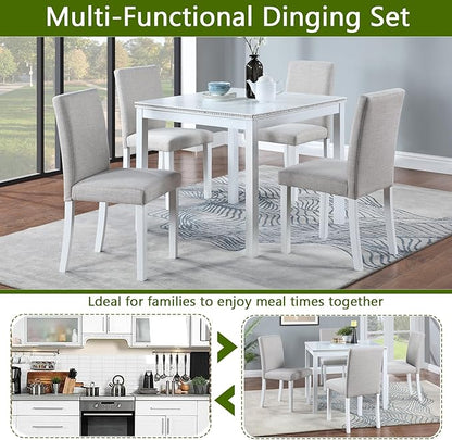 KEIKI 5-Piece Standard Height Dining Table Set with Square Table and 4 Upholstered Chair, for 4 Person, Modern Style Crystal Decoration Wood Table Set, Easy Assembly, for Kitchen, Dining Room, White