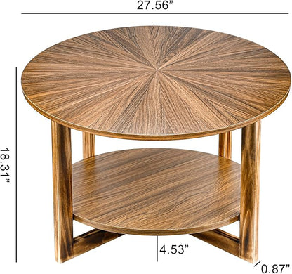 Coffee Tables for Living Room, Small Round Coffee Table with Storage, Mid Century Modern Solid Wood Coffee Table, Rustic Wooden Circle Center Table Living Room Furniture, Brown Tea Table