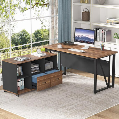 Tribesigns 55-Inch Executive Computer Desk with 43-Inch Lateral File Cabinet, Large Workstation Business Furniture, L Shaped Desk with Drawers and Storage Shelves for Home Office, Walnut