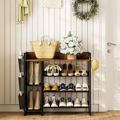 Shoe Racks Bench,Shoe Organizer with Bench for Closet- Free Standing Boot and Shoe Rack with Storage Bag for High Heels, Entryway, Hallways, Closets, Dormitory Rooms,Brown 4-Tier