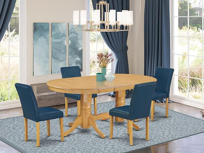 East West Furniture VAAB5-OAK-55 5 Piece Dining Table Set Includes an Oval Dining Room Table with Butterfly Leaf and 4 Oasis Blue Faux Leather Parsons Chairs, 40x76 Inch, Oak