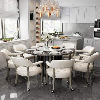 LEEMTORIG Large Dining Chairs with Casters and Arms, Rolling Dining Chairs with Wheels, Accent Game Poker Table Chairs, Solid Wood Office Chairs, 26“Dx25.2 Wx31.5“H, Grey Legs & Ivory PU SY-1318-WT