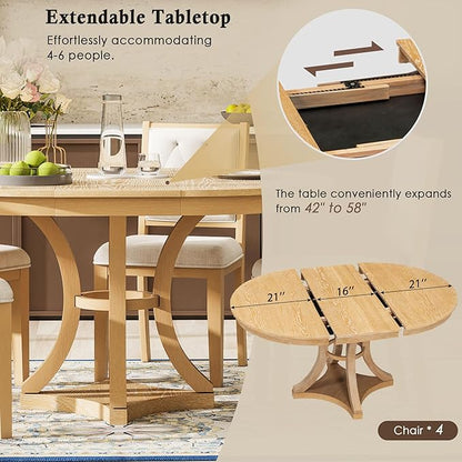 Ball & Cast Retro Dining Table Set for 4 with 4 Upholstered Chairs,5-Piece Wooden Living Room Furniture W/ 42" Round Extendable Kitchen Desk,for Small Space,Apartment,Dining Room,Natural
