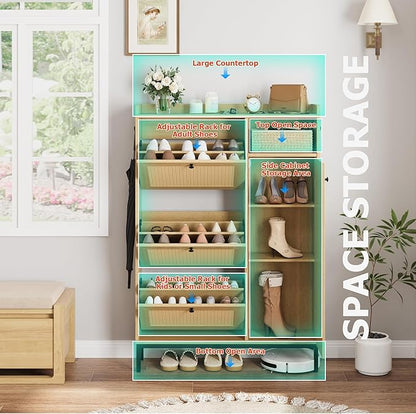 GarveeHome Shoe Cabinet Rattan with 3 Flip Drawers and 4-Tier Shoe Storage Cabinet, Freestanding Shoe Organizer with Adjustable Shelves for Entryway, Closet, Hallway (Oak)