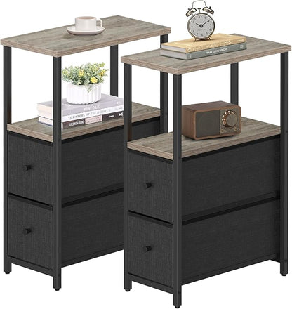 TUTOTAK Small Narrow End Table, Set of 2, Side Table, Nightstand with 2 Cloth Drawers, Couch Table, for Living Room, Bedroom, Bedside, Greige TB01BG054