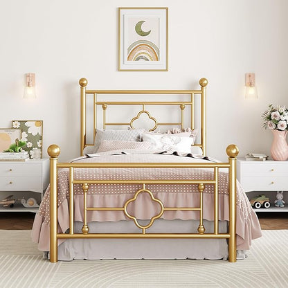 SHA CERLIN 14 Inches Twin Size Metal Platform Bed Frame/Vintage Iron-Art Headboard and Footboard/Mattress Foundation/No Box Spring Needed/Noise-Free/Easy Assembly/Gold