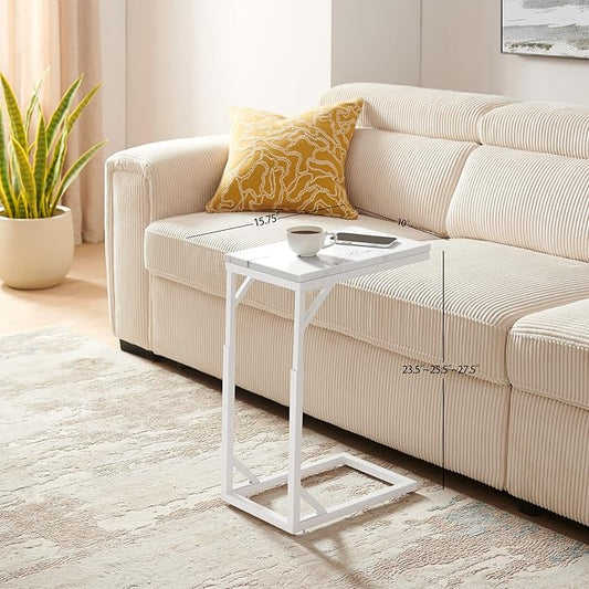 C-Shaped End Table, Small Sofa Table with Metal Frame, Adjustable Height Side Table for Couch, Living Room, Bedroom, Bedside (White, Small)