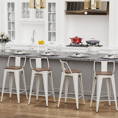 24 Inch Swivel Bar Stools Set of 4 with Backs Counter Height Industrial Metal Barstools Island Bar Chairs for Home Kitchen Dining Room (Swivel 24 inch, White Wooden)