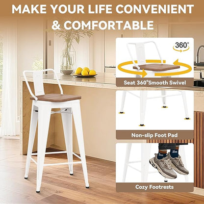 30 Inch Swivel Bar Stools Set of 4 with Backs Counter Height Industrial Metal Barstools Island Bar Chairs for Home Kitchen Dining Room (Swivel 30 inch, White Wooden)