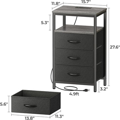 Huuger Nightstands Set of 2, 27.6 Inch End Tables with Charging Station, Fabric Drawers, Bedside Tables with USB Port and Outlet, Night Stands for Bedroom, Charcoal Gray