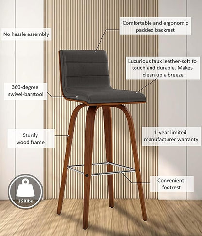 Vienna 30" Swivel Bar Stool in Walnut Wood Finish with Gray Faux Leather - Set of 3