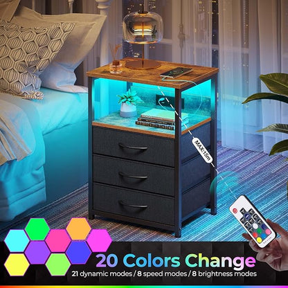 Seventable Nightstand with Charging Station and LED Light, Set of 2 Side Table with 3 Fabric Drawers, Bedside End Table with USB Ports and Outlets, Night Stand for Bedroom, Rustic Brown