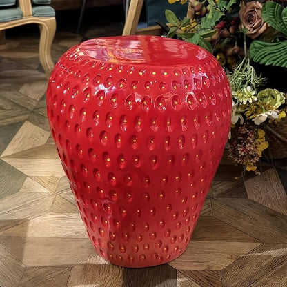 18" Red Strawberry Stool Statue Fruit-Inspired Side Table Indoor Outdoor Accent Seat Plant Stand MGO Garden Stool for Patio Balcony or Living Room Decor