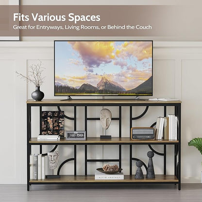 55'' Industrial Sofa Table, 3-Tier Storage Console Table with Unique Geometric Design, Behind Couch Accent Table for Entryway, Living Room, Foyer, Hallway, Office - Rustic Brown