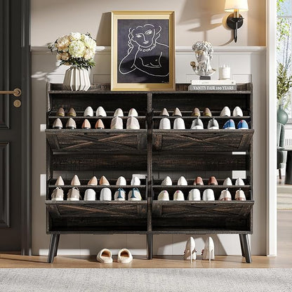 Maupvit Large Shoe Storage Cabinet with 4 Flip Drawers, Narrow Shoe Cabinet for Entryway with Wooden Legs, Freestanding Hidden Shoe Rack Organizer ＆ Metal Hinges, Dark Rustic Oak
