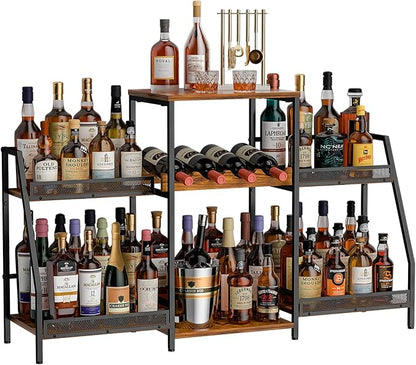 Liquor Cabinet with Fences, Wine Rack Freestanding Floor, 4 Tier Trapezoidal Bar Stand, Expanded Capacity Bar Cabinet for Liquor & Wine Storage