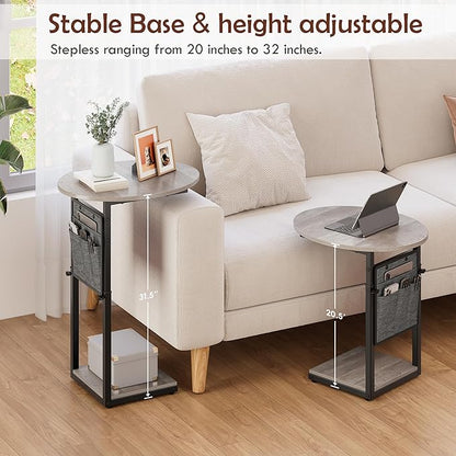 Vagusicc C Shaped End Table, Adjustable Height Small Side Table for Couch and Recliner, 32" Tall Couch Side Table Slide Under Sofa Tray Desk with Storage Bag for Living Room and Bedroom, Greige