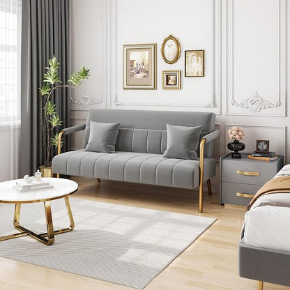 Yaheetech 56.5" W Modern Sofa Small Sofa Luxurious Velvet Fabric Couch with Gold-Tone Metal Arms and Legs for Living Room, Home Office, Studio Light Gray