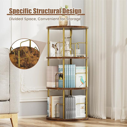 Rotating Bookshelf, 3 Tier Round Revolving Bookcase with Special Visible Partition Storage, 360° Display Spinning Bookshelf Tower Storage Organizer Rack for Bedroom, Living Room, Small Space, Gold