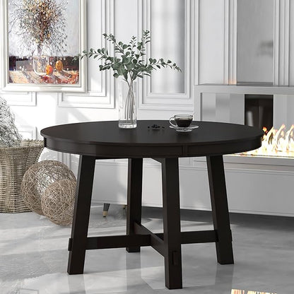 Farmhouse Style Expandable Round to Oval Dining Table with 16" Removable Leaf, Solid Wood Extendable Tabletop with Cross Trestle Legs, Space-Saving Kitchen-Tables for Home Apartment Restaurant