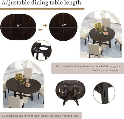 Ball & Cast 5 Piece Dining Table Set with 4 Upholstered Curved Legs Chairs,Living Room Furniture W/ 43" Round Extendable Desk,for Restaurant,Home Bistro,Espresso